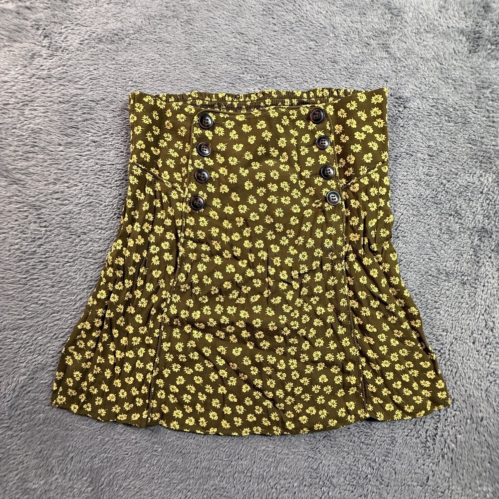 Madewell XS Floral Mini Skirt Yellow Brown Button Front Elastic Waist Boho